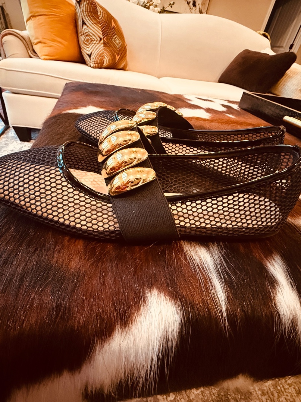 BLACK MESH BALLET FLAT - GOLD METAL BAND - SZ 9.5/41 NEW